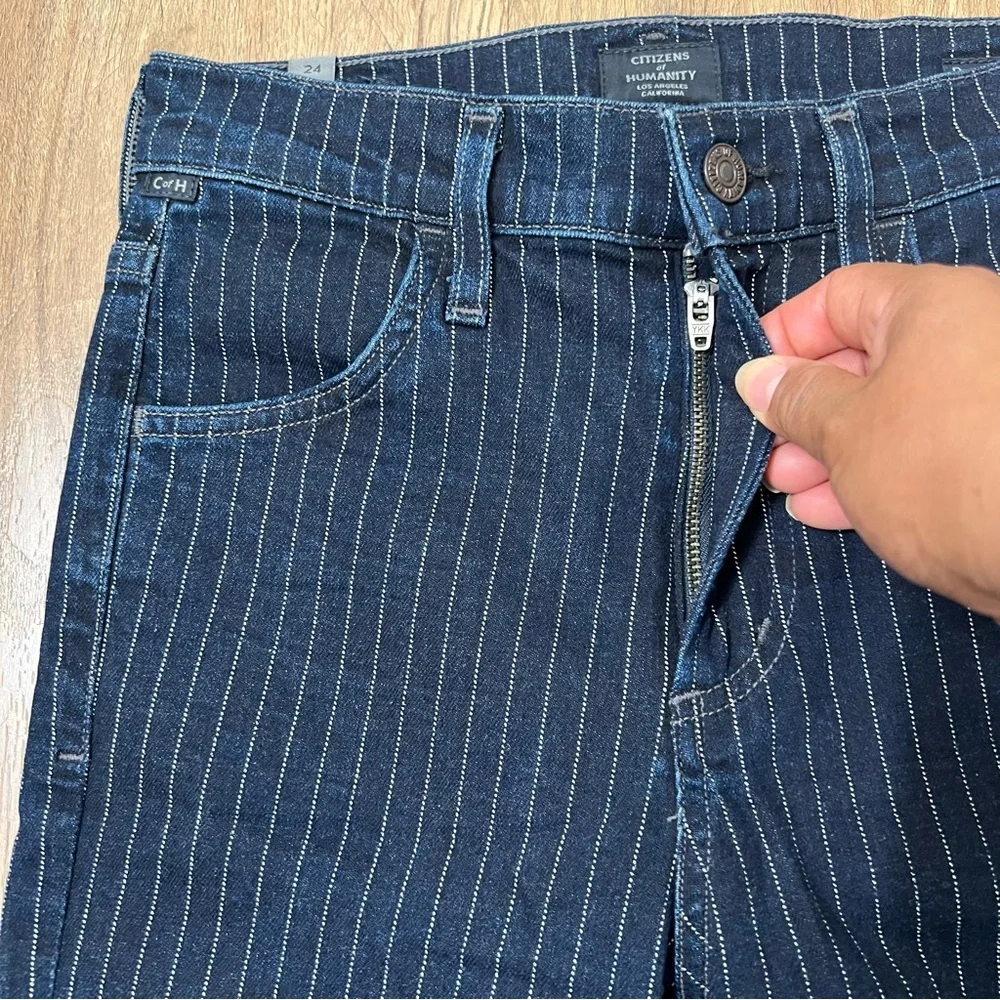 Citizen Of Humanity Drew Flounce High Rise Jeans Blue Pinstripe‎ Flare Size 24